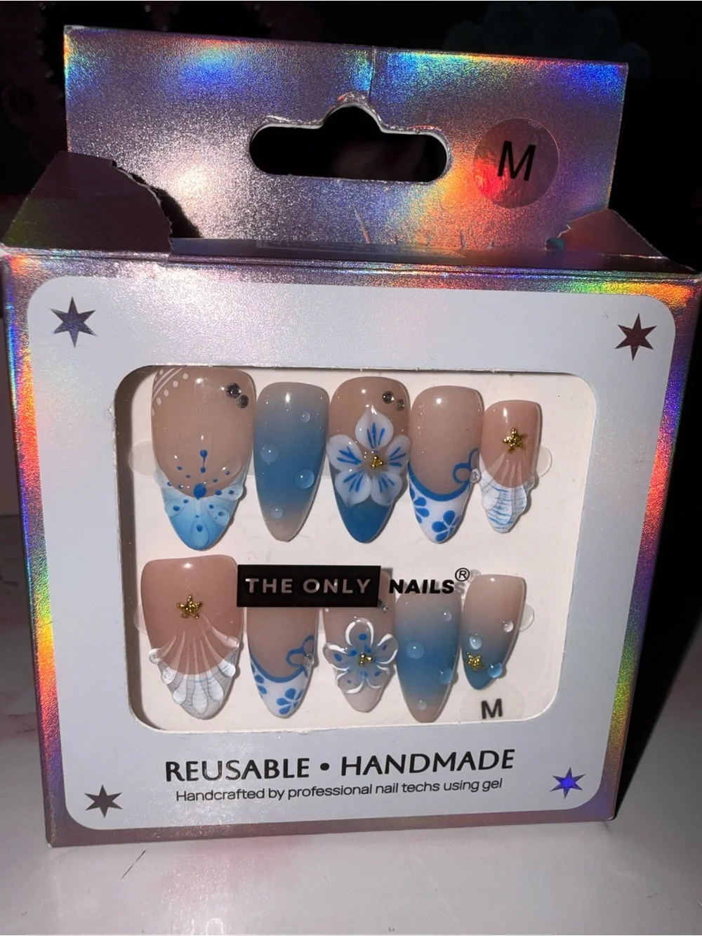 The Only Nails Reuable Handmade Blue Floral Medium Almond Press On Nails